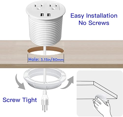 Miniatura 9 de Ojal de alimentación de escritorio USB C total 30 W, PD carga rápida regleta de alimentación de escritorio 2 tomacorrientes 2 puertos USB empotrados