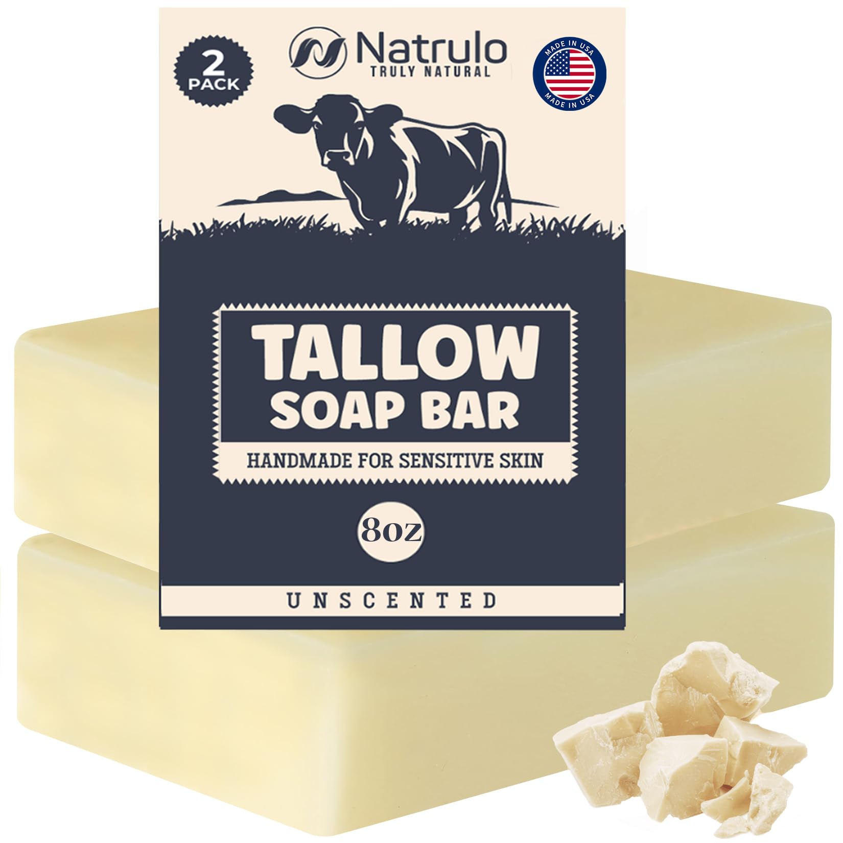Beef Tallow Soap Bar – All Natural Grass Fed Tallow Soap Unscented – Moisturizing Face & Body Wash Great for Eczema, Dry, Itchy, Sensitive Skin –