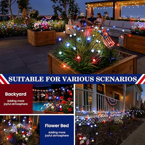Image of 4th of July Outdoor Decorations, Red White Blue Lights Solar Firefly Lights, Patriotic Outdoor Decor for Independence Day, Fourth of July Decor for Garden Yard (4 Pack,Red, White, Blue)