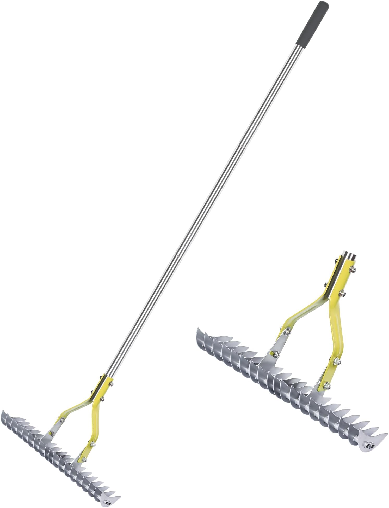 Thatch Rake, Lawn Rake with 148cm Adjustable Long Handle Robust Garden Leaf Grabber Made of Carbon Steel, Multi-Purpose Thatching Rake for Weeding, Loosening Soil ,Cleaning Dead
