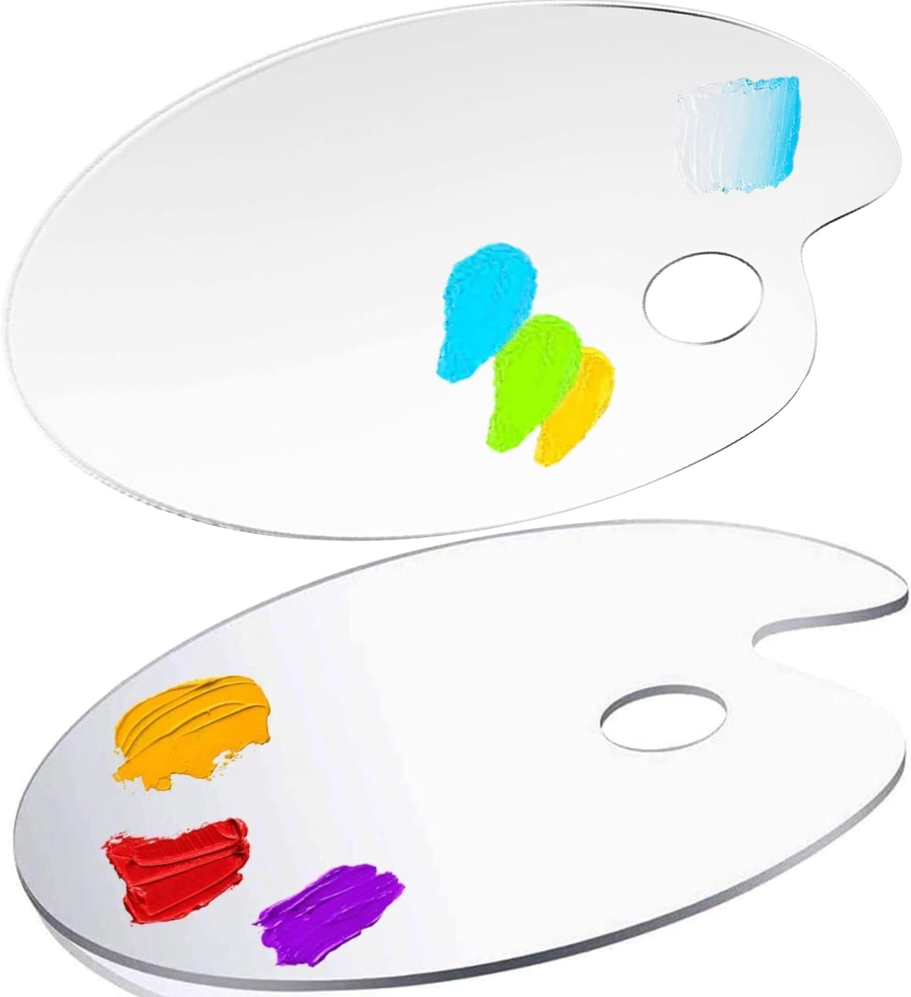 Acrylic Paint Palettes Oval Shaped Non stick Oil and water Transparent Clear Acrylic Artist Paint Plate with thumb hole Washable and Reusable paint palett kids drawing tools 2 shapes Pack 8.2''X12.5''