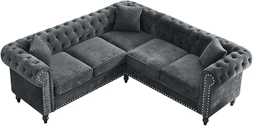 Miniatura 3 de LKTART Sofá Chesterfield clásico de lujo de 80 pulgadas en forma de L con botones y patas de madera maciza, 3 almohadas incluidas para sala de estar