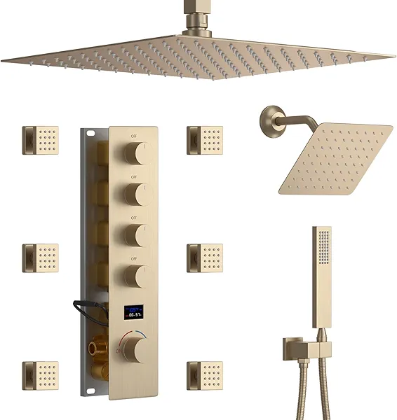 KATAIS Shower Faucet Set Brushed Gold Shower System Temperature Display Shower Faucet with 12 inch Ceiling Mount and 8 inch Wall Mount Shower Head, with 6 PCS Body Jets and Handheld Spray