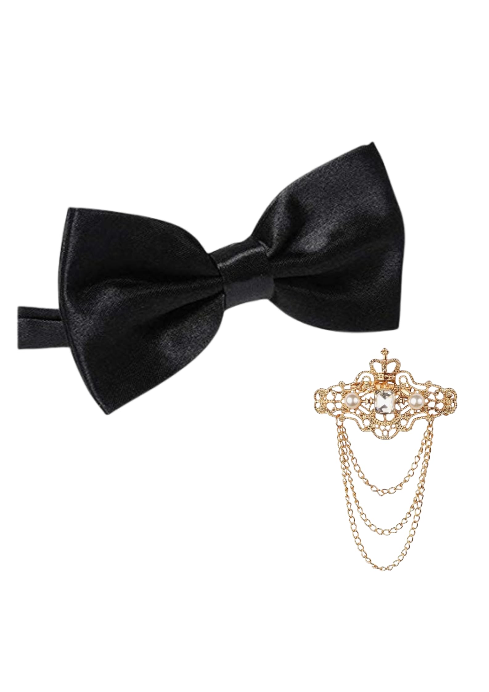 random stripe Men's Premium Black Satin Bow Tie with Royal Gold Brooch Pack of 2-picture-2