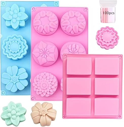 Paquete de 3 moldes de silicona para jabón, 6 moldes de jabón rectangulares, diferentes formas de moldes de silicona en forma de flor, adecuados