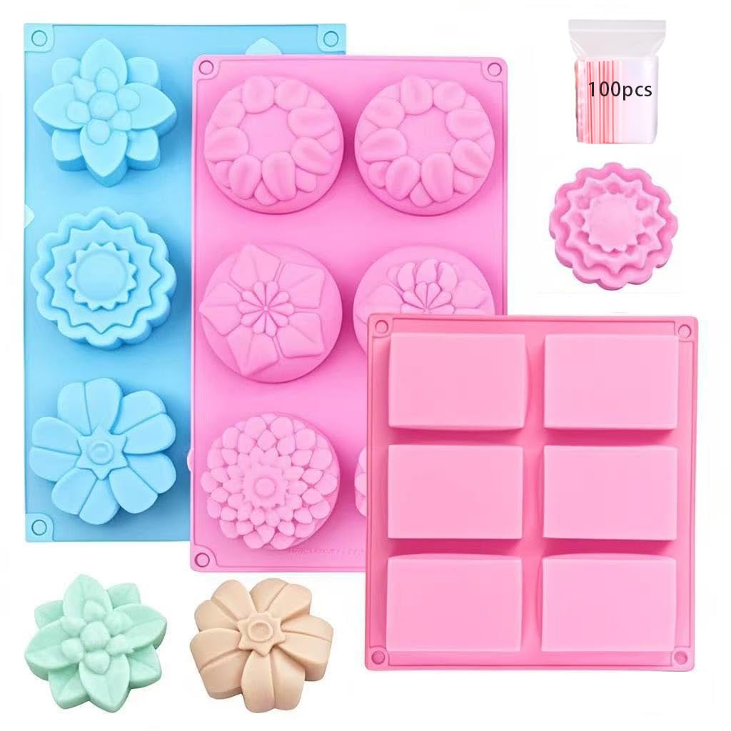 3-Pack Silicone soap molds, 6 Rectangular soap molds, Different Shapes of Flower-Shaped Silicone molds, Suitable for Handmade Soaps and Homemade