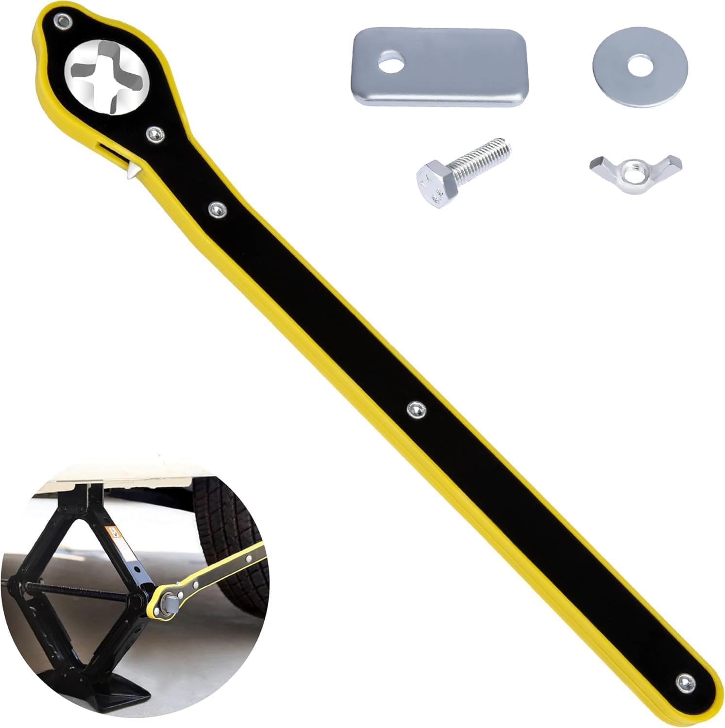 Universal Car Jack Ratchet Wrench Kit, 360° Reversible Knob, Labor-Saving Long Handle Lug Wrench with Adapter, Bolt & Washer, Scissor Jack Lift Speed Handle for Tire Wheel Lug Nut Removal-image-36
