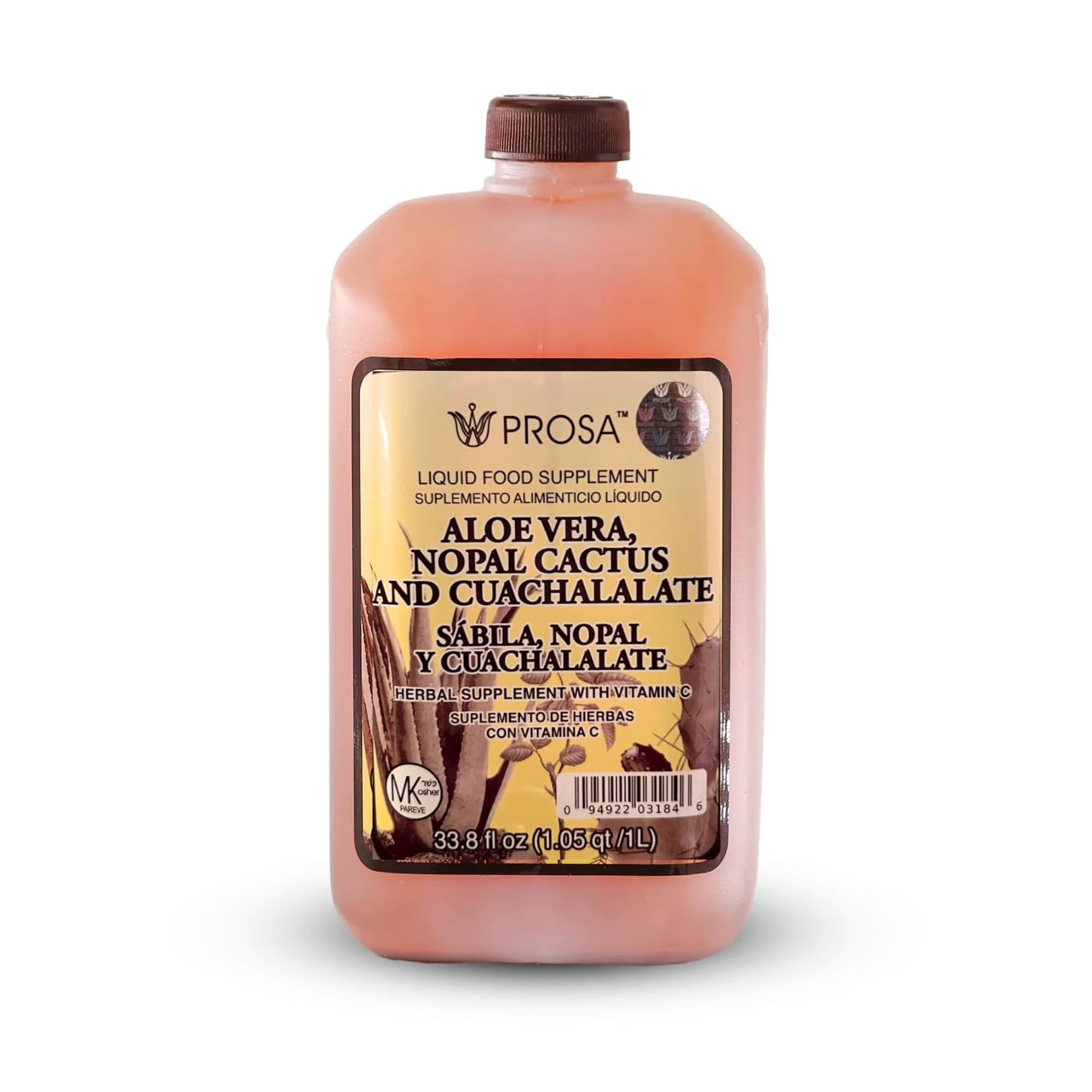 PROSA Aloe Vera, Nopal Cactus, and Cuachalalate Herbal Supplement – 33.8 fl oz (1.05 qt / 1L) – with Vitamin C for Digestive & Immune Support