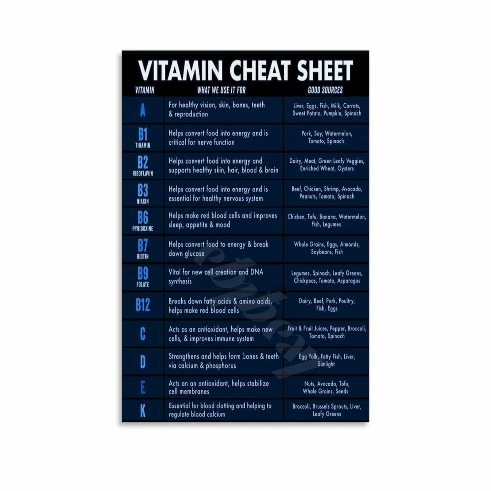 PKNVKZIDK Nutrition Infographic Poster Vitamin Guide and Food Sources Chart Canvas Wall-Art Print Unframed,16x24inch(40x60cm)