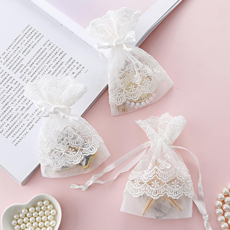 50PCS Lace embroidery gift bagsOrganza Gift Bags Lace Organza Drawstring Bags for Wedding Party Favors Supplies Bridal Shower Baby Shower Jewelry Pouches White