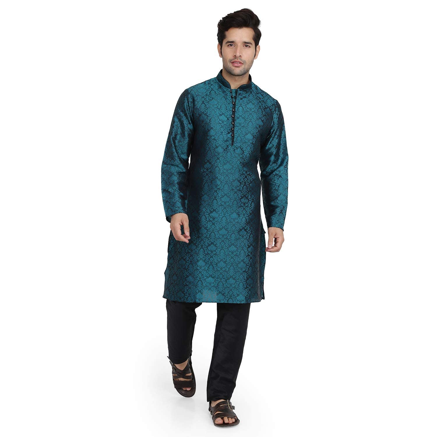 Men's Jacquard Silk Kurta Pyjama Green (38, Green)-image-37