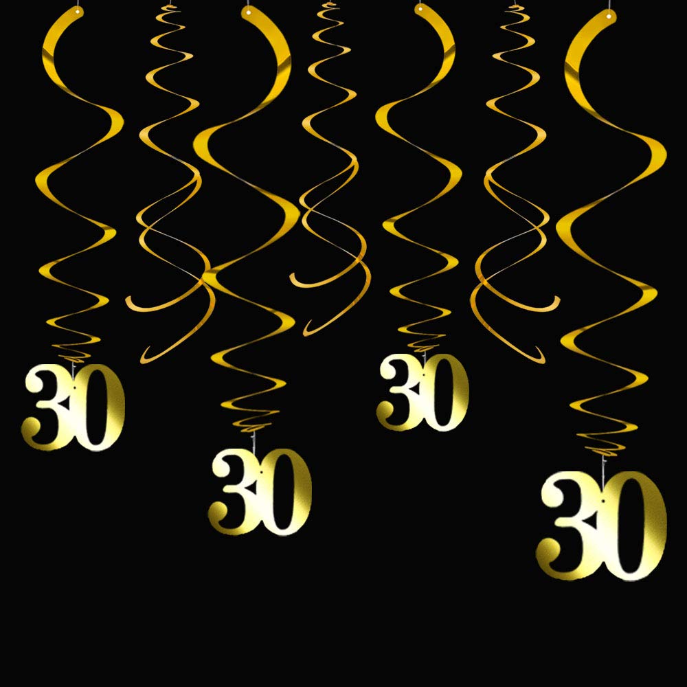 Aimto Gold 30 Party Swirl Birthday Decorations-Foil Ceiling Hanging Swirl for 30th Birthday Party Decorations 30th Anniversary - Pack of 20