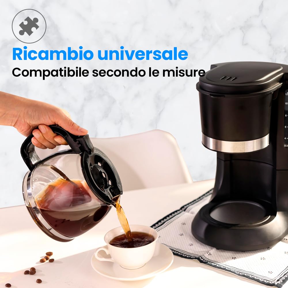 Anakel Home Caraffa in vetro per Macchine da Caffè Americano con Altezza regolabile | 13,5-15 cm di altezza x 14 cm di larghezza | Caraffa per Caffè con Coperchio, nera