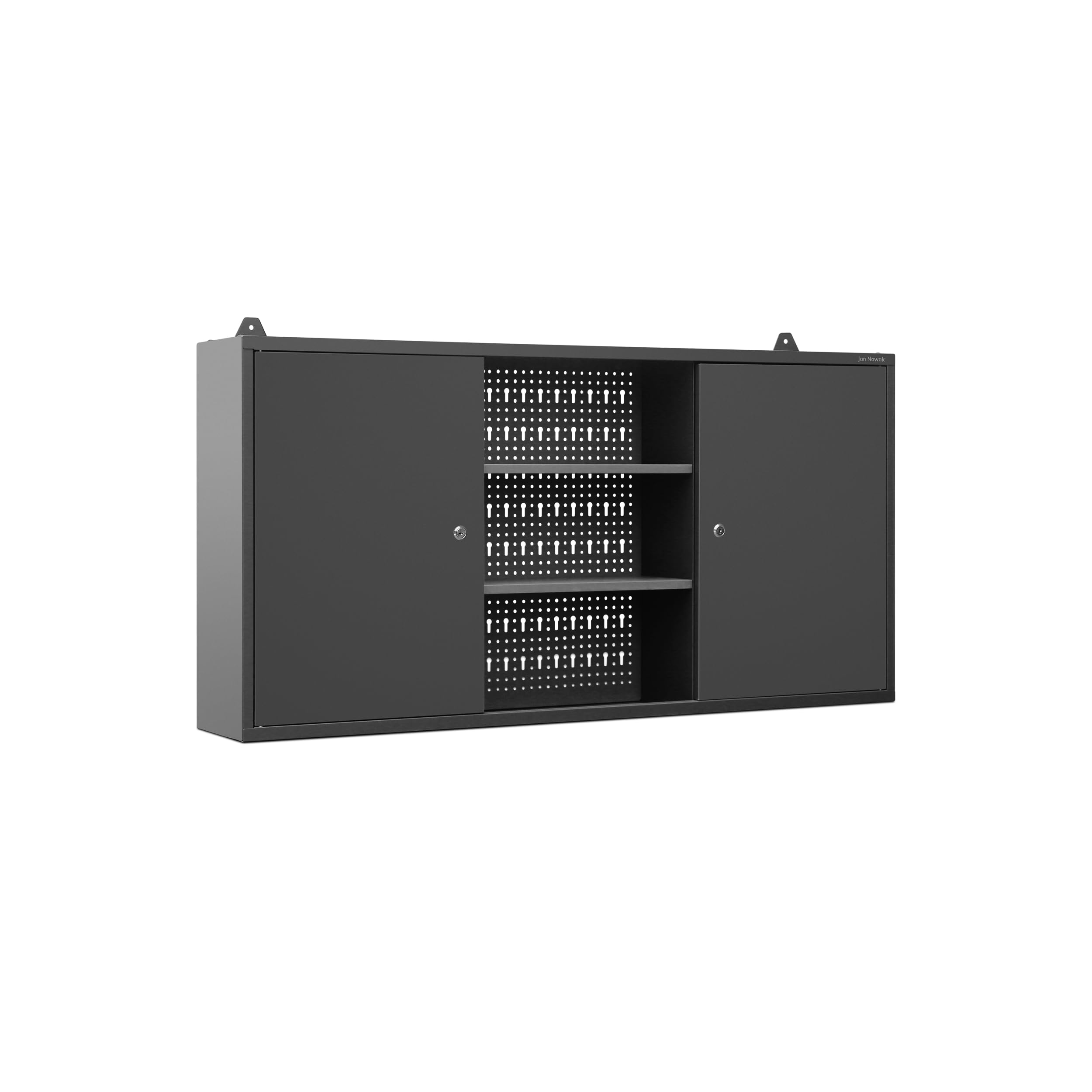 Jan Nowak Armoire Murale à Outils Métal 2 Étagères 120 x 60 x 20 cm Noir | Armoire d’atelier suspendue, 2 étagères réglables, 2 compartiments et rangement mural robuste en métal noir.