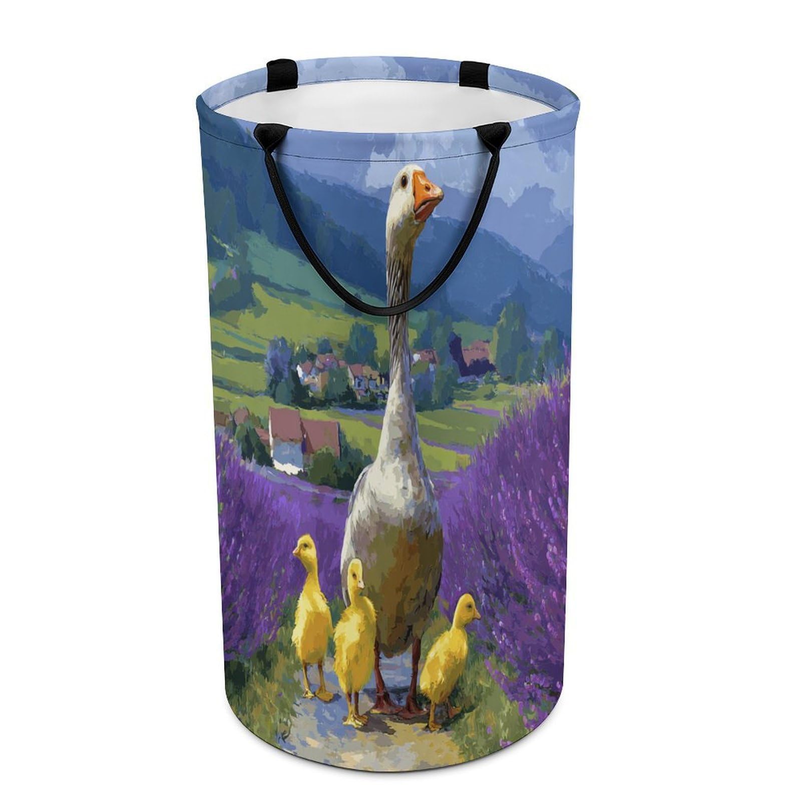 LUYYSKY Vintage Realistic Cute Duck Collapsible Dirty Clothes Basket, Beautiful Abstract Farm Lilac Lavender Field Animal Duckling Portable Clothes Storage Basket