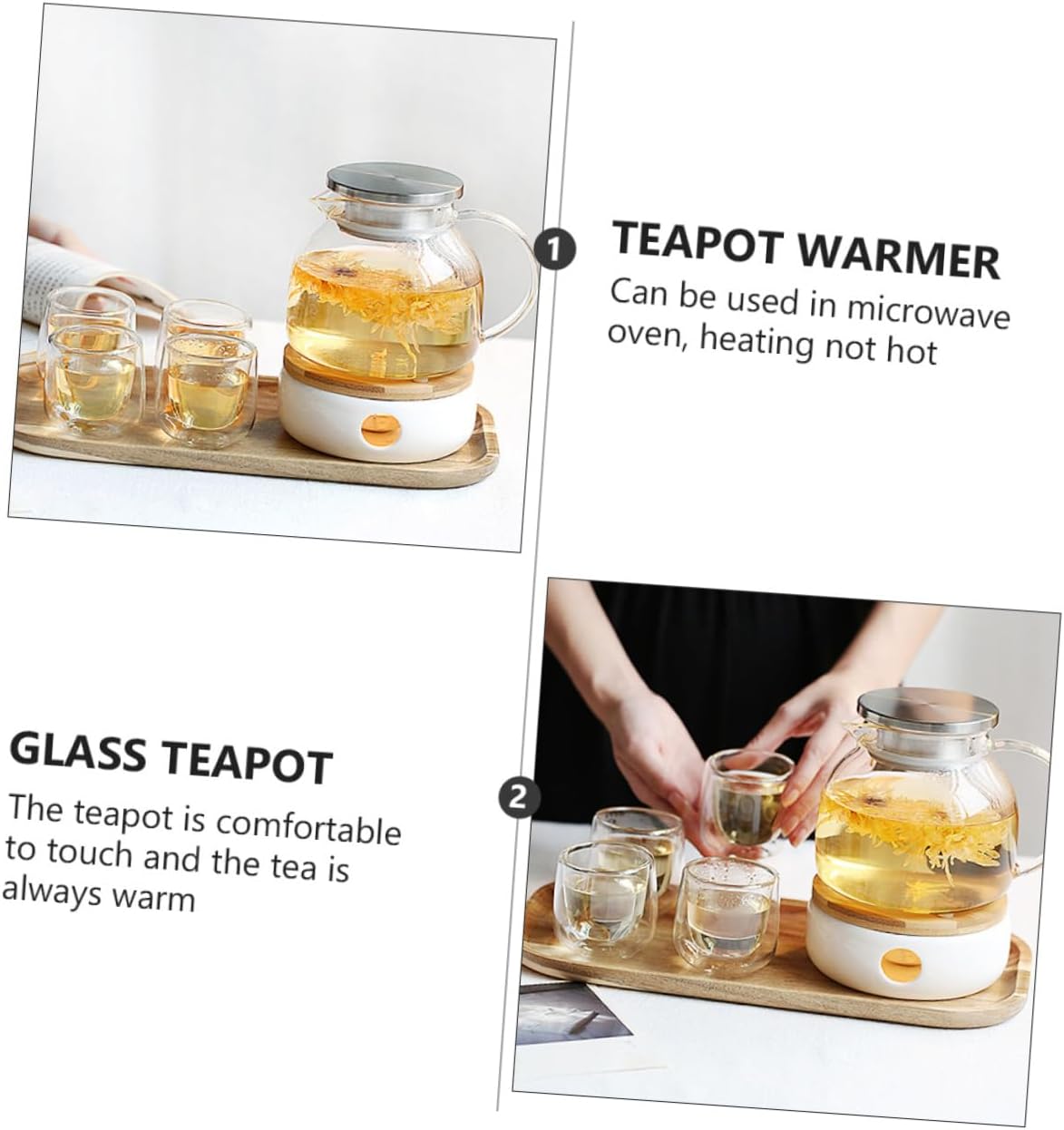 2pcs Vibrant Teapot Bamboo Lid Glass Tea Pot Warmer for Tea Scented Drinks