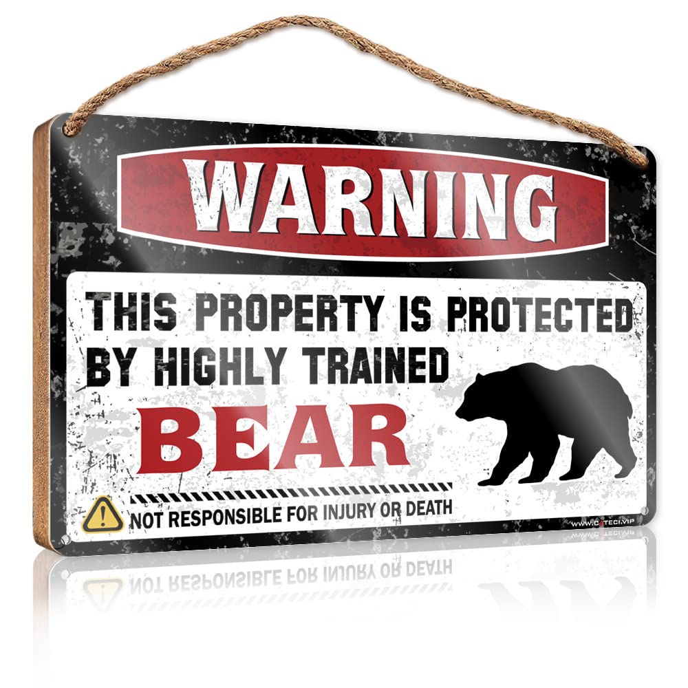 FZFN Wooden Hanging Wall Sign Warning This Property Is Protected By A Highly Trained Bear Wooden Sign Wood Decor Sign Wood Decor Sign(15X28CM)