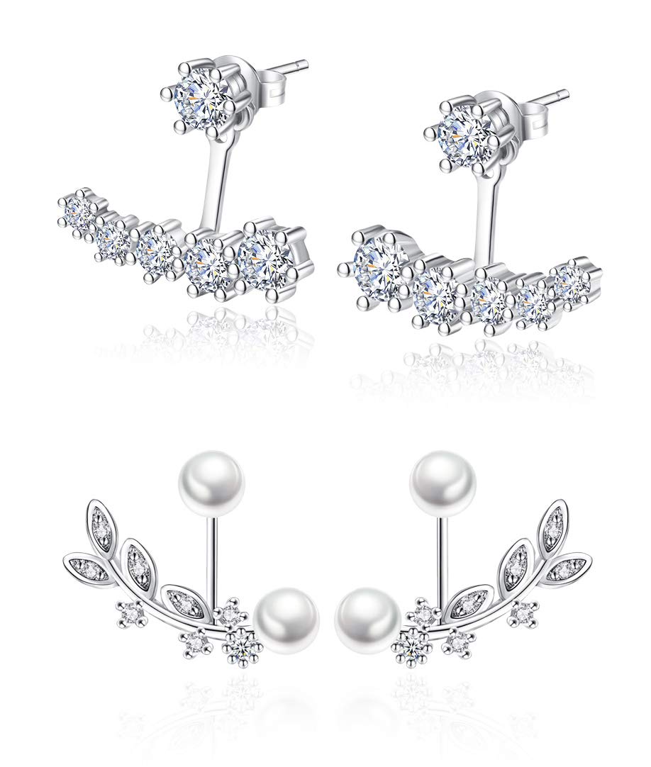 TomSunlightEar Jacket Cuff Earrings Set Sterling Silver Front Back 2 in 1 with CZ Pearl