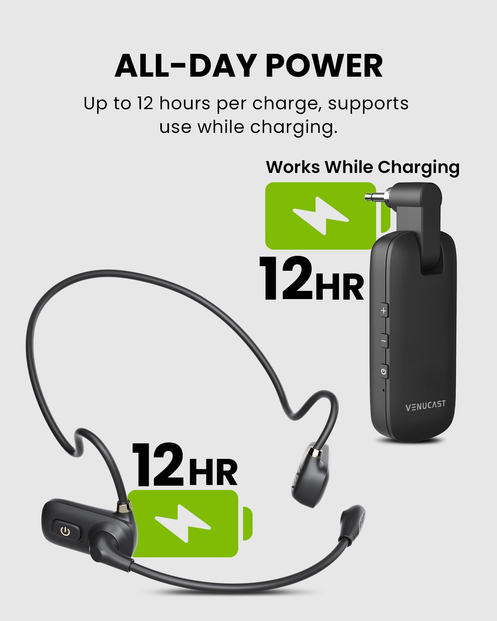 Venucast FreeMic W - Sistema de Micrófono Headset inalámbrico para Sincronización de Voz para Enseñanza & Eventos, Plug & Play para Altavoz Activo, Mezclador & Transmisor con 3,5mm AUX o 6,35mm, 20m