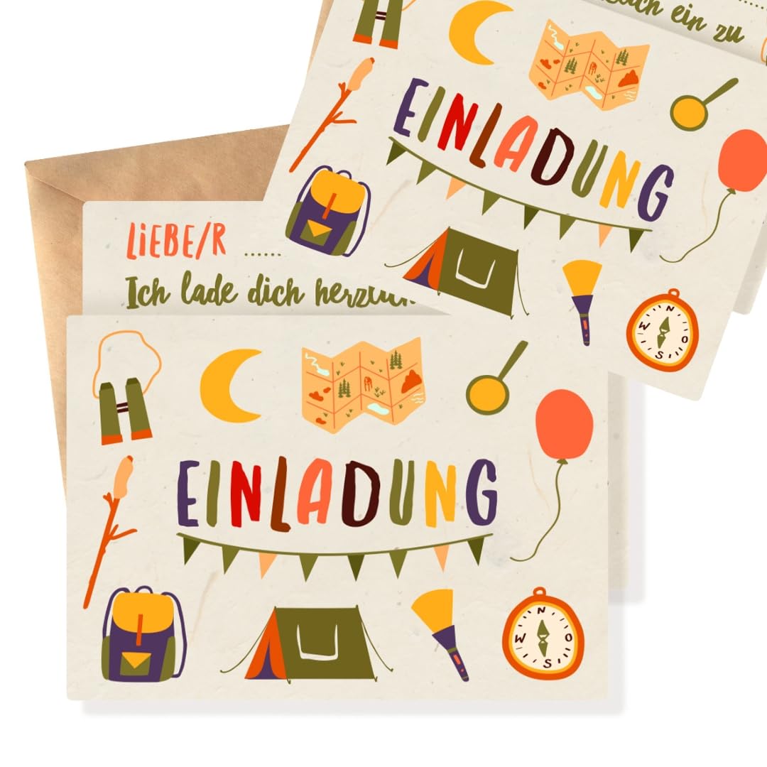 Generisch 12x EINLADUNGSKARTEN Kindergeburtstag – Einladungskarten Outdoor Kindergeburtstag, Einladungskarten Schnitzeljagt, Schatzsuche, Einladung Zelten, Gartenparty, Übernachtung, Waldgeburtstag