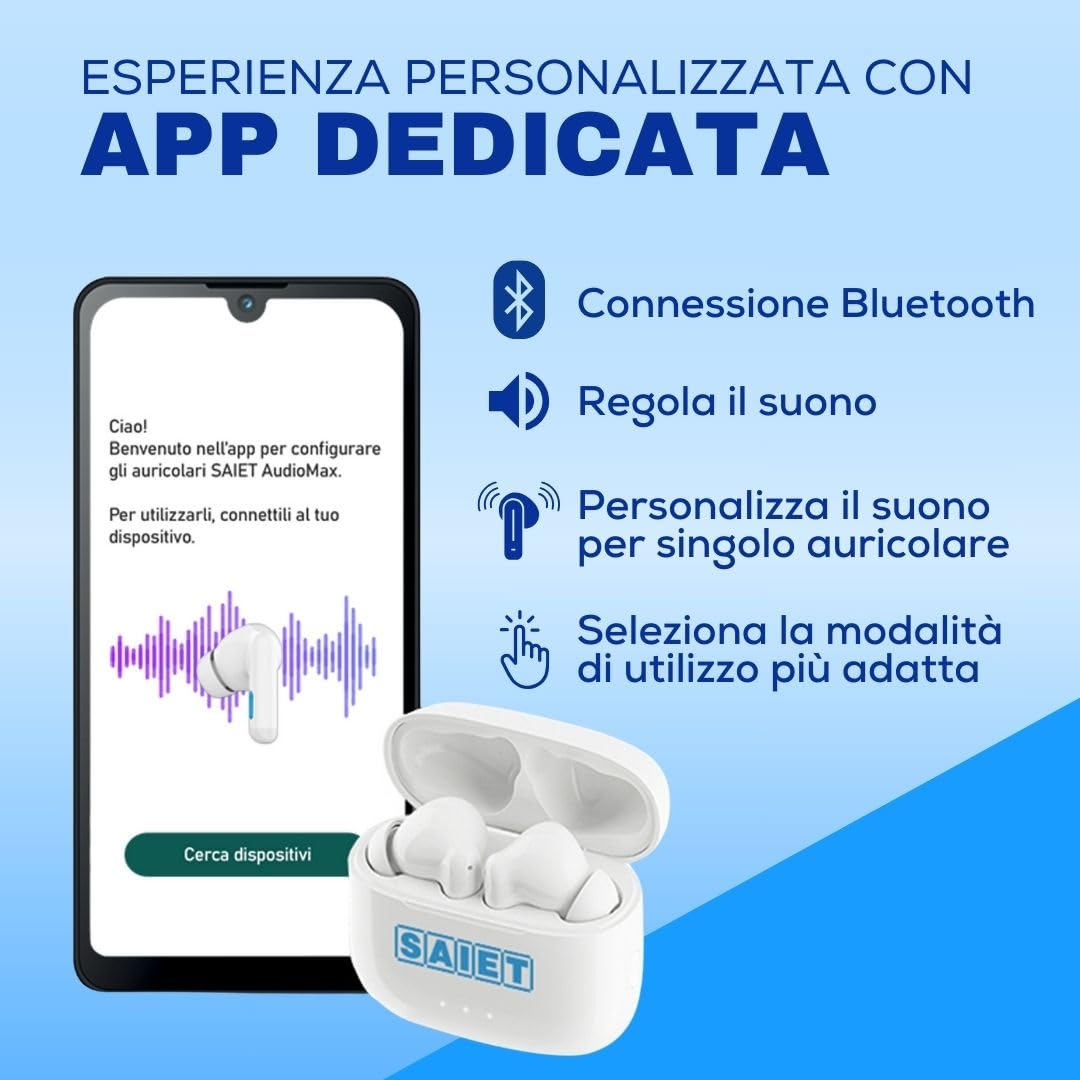 SAIET Audio MAX Auricolari per Anziani TWS con 5 Livelli di Amplificazione | Cuffie Bluetooth con Amplificazione Audio per Chiamate e Musica, App Dedicata, Design Moderno, Fino a 20 Ore di Autonomia