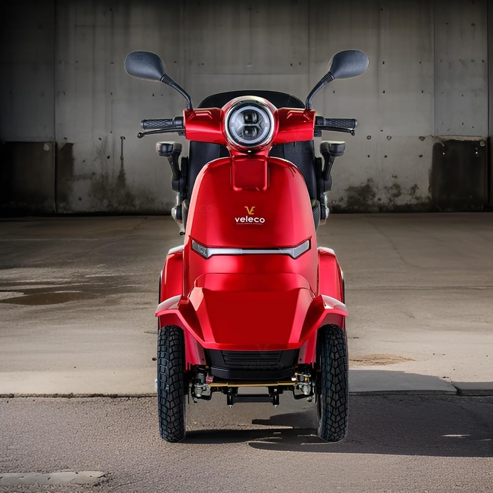 VELECO GRAVIS - Scooter Disabili a 4 ruote - Completamente assemblato e pronto all'uso - Sicuro e stabile - Illuminazione completa a LED - Ampio deposito e portabicchieri(ROSSO)