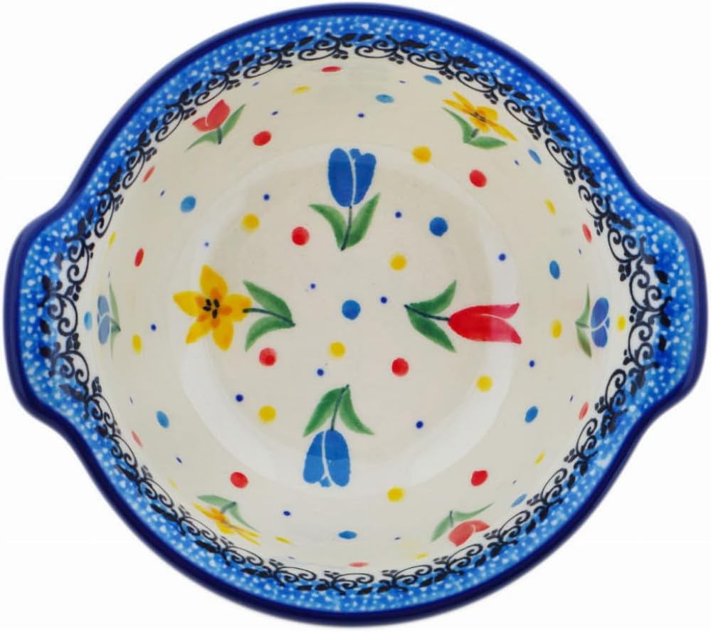 Polmedia Polish Pottery Bouillon Cup UNIKAT - Full Bloom Pattern Handmade in Boleslawiec Poland by Ceramika Artystyczna + Certificate of Authenticity