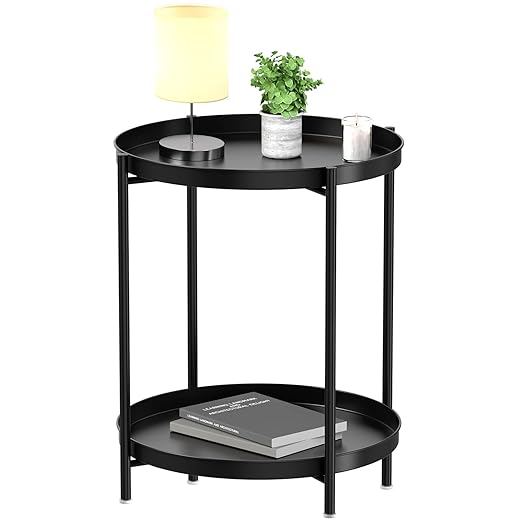 EKNITEY 2 Tier End Table - Metal Side Table Waterproof Small Sofa Coffee Side Tables Bedroom Indoor Outdoor with Removable Tray for Living Room Bedroom Balcony and Office (Black)