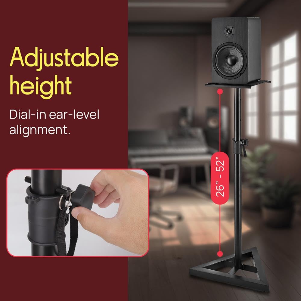 Pyle Supporto per altoparlanti, regolabile in altezza 66-132 cm, supporto universale per altoparlanti, base triangolare stabile, picchetti da pavimento, supporto per monitor da studio, portata 40 kg