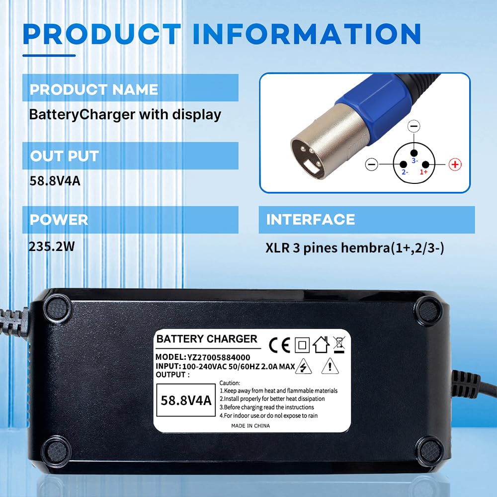 Caricatore rapido universale da 58,8 V, 4 Amp, per e-bike, hoverboard e scooter elettrico, 52 V, 14 serie, batteria agli ioni di litio, spina DC XLR a 3 fori