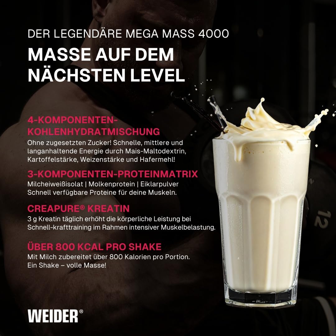 Weider Mega Mass 4000 - Weight Gainer Pulver mit 48g Protein & Kreatin pro Portion - Für hohe Kalorienaufnahme - 3kg - Vanille