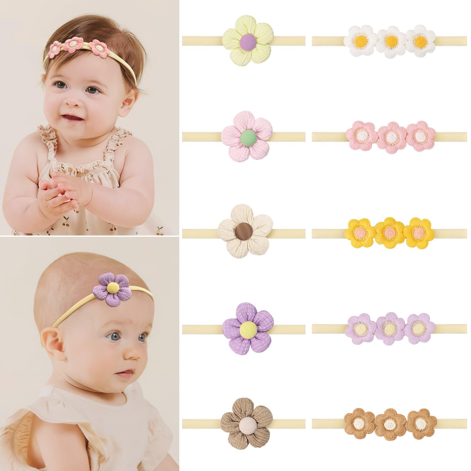 10 diademas de flores para niñas pequeñas, de nailon, elásticas y suaves, con margaritas, para recién nacidos, bebés y niños pequeños.