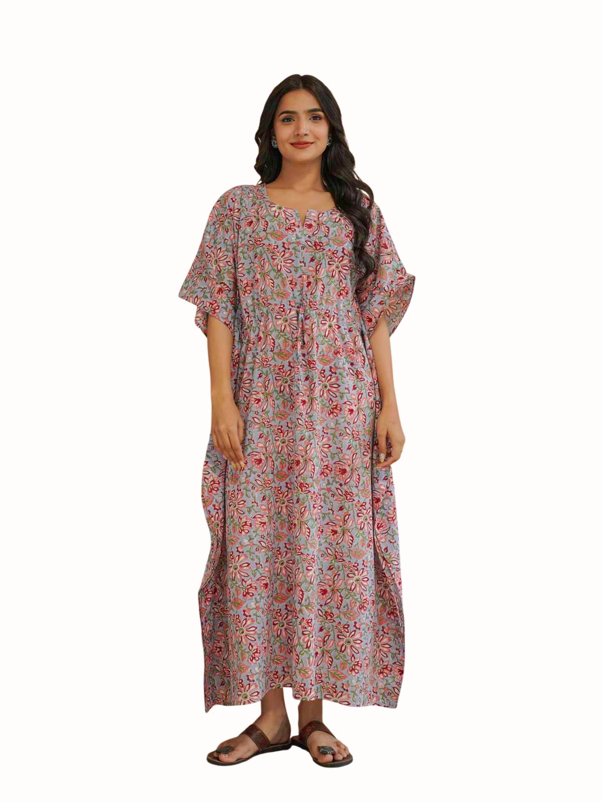 goodhand Women’s Printed Pure Cotton Long Kaftan Dress | Casual Woven V-Neck Comfortable Lounge, Dress for Women Deep Blue-picture-38