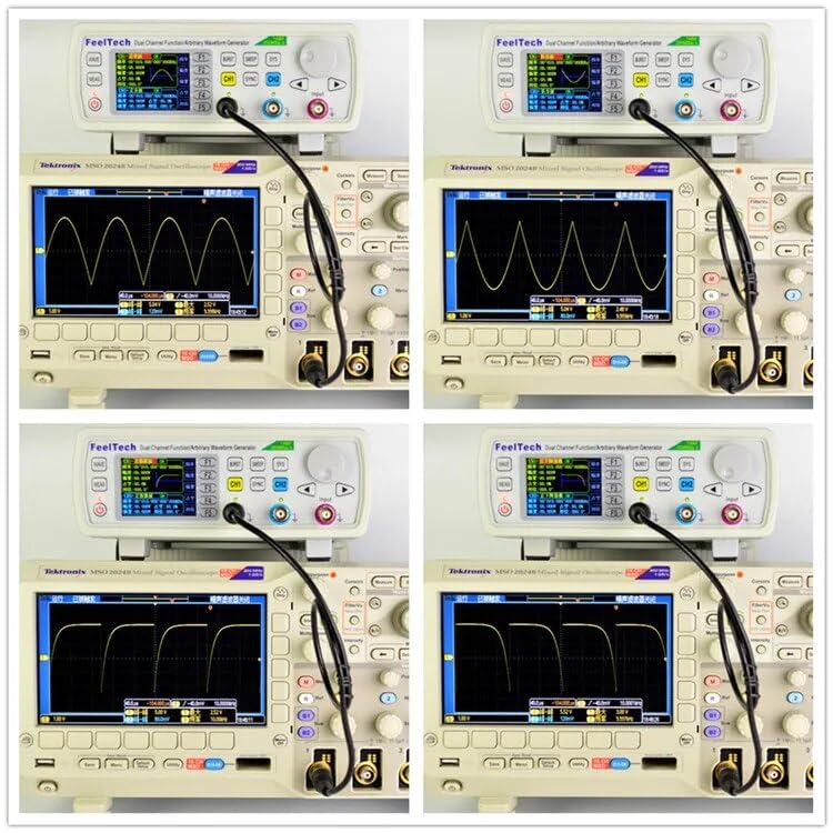 Oscilloscope display showing AM (Amplitude Modulation) waveforms generated by the FY6600.