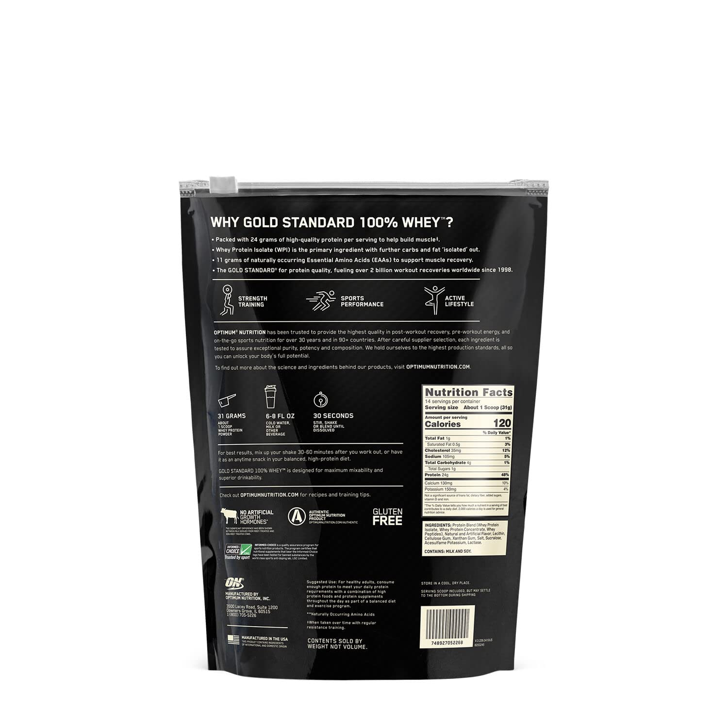 Optimum Nutrition Gold Standard 100% Whey Protein Powder, Double Rich Chocolate (1 lb.), Package may vary