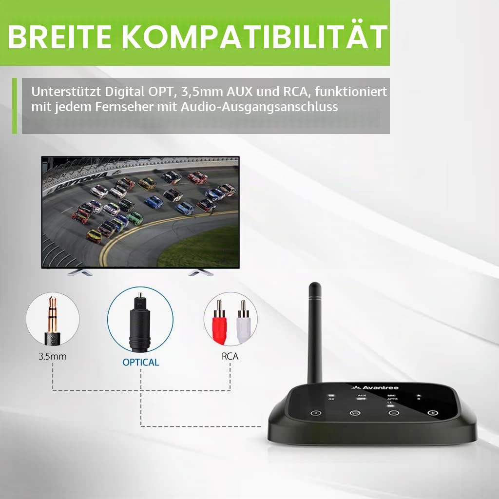 Avantree Oasis Plus aptX HD Low Latency Bluetooth 5.0 Transmitter Sender Empfänger für TV, Drahtloser Audioadapter für Kopfhörer, Bypass-Unterstützung, Große Reichweite, Touchscreen, Sprachanleitung