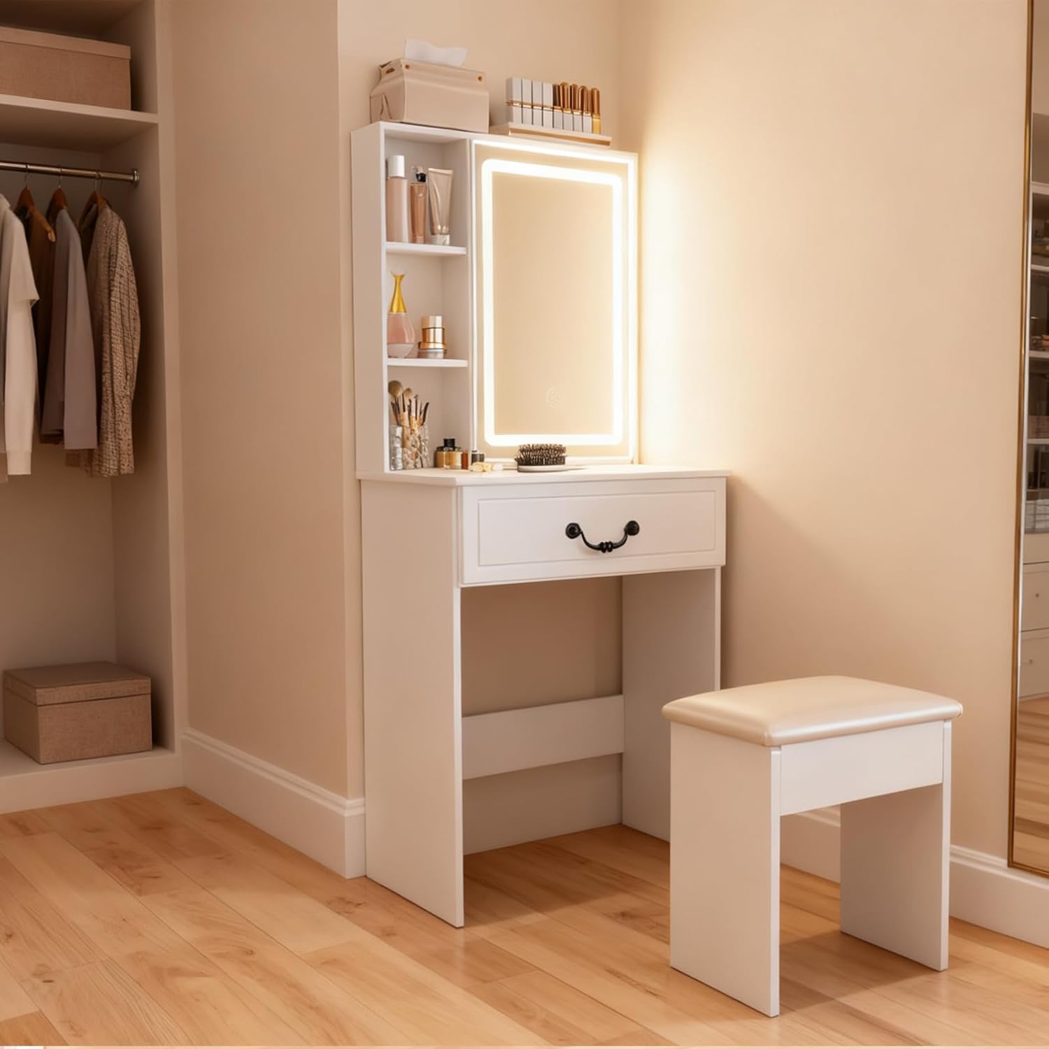 Girls Vanity Set with Mirror and Stool and Lights, Teen Makeup Vanity with Mirror and Lights, Drawer, Hidden Compartments, 3 Open Shelf, Mini Vanity Desk for Teens and Girls (White)