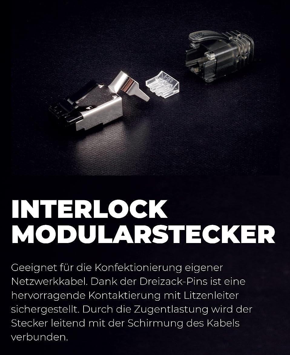 1aTTack.de - 2 x RJ45 modular plugs, interlock, 50u gp- for making your own Flex Armor network cable black