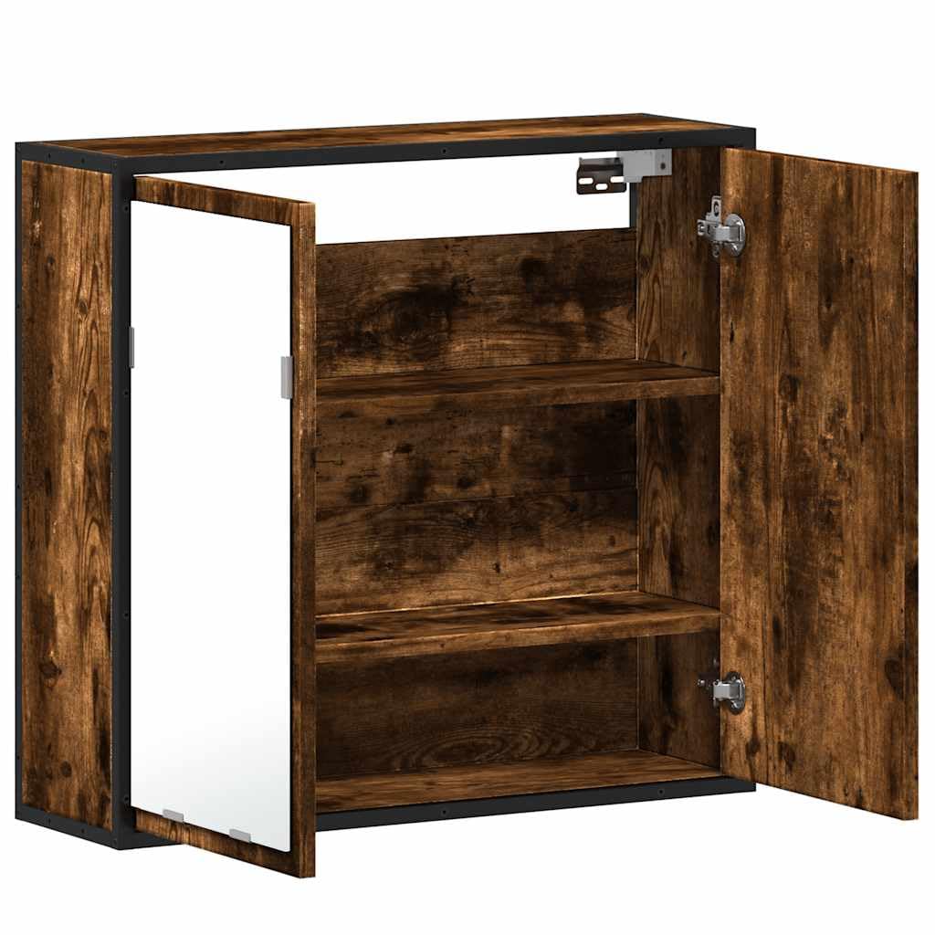 Bad-Spiegelschrank Räuchereiche Holzwerkstoff mit Metallgestell 65x20x60 cm Wandmontage Badezimmer Stauraum Schrank Spiegel für Makeup und Rasur langlebig stabil