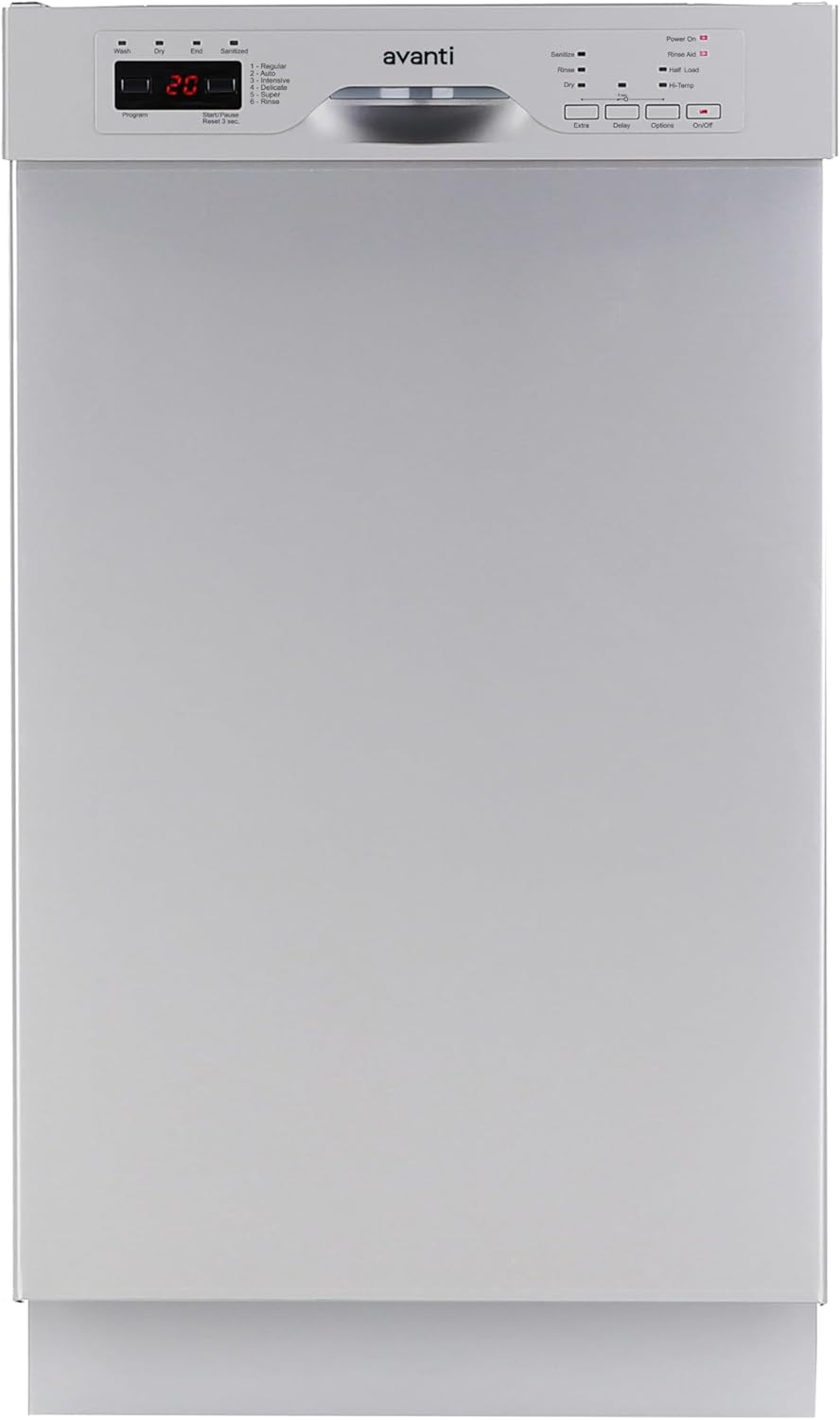 Avanti 18-Inch Dishwasher Machine with LED Display, Fits 8 Place Settings with 3 Wash Options, 6 Automatic Cycles Includes Rinse Aid Dispenser with Low Noise Rating, 53db, Stainless Steel