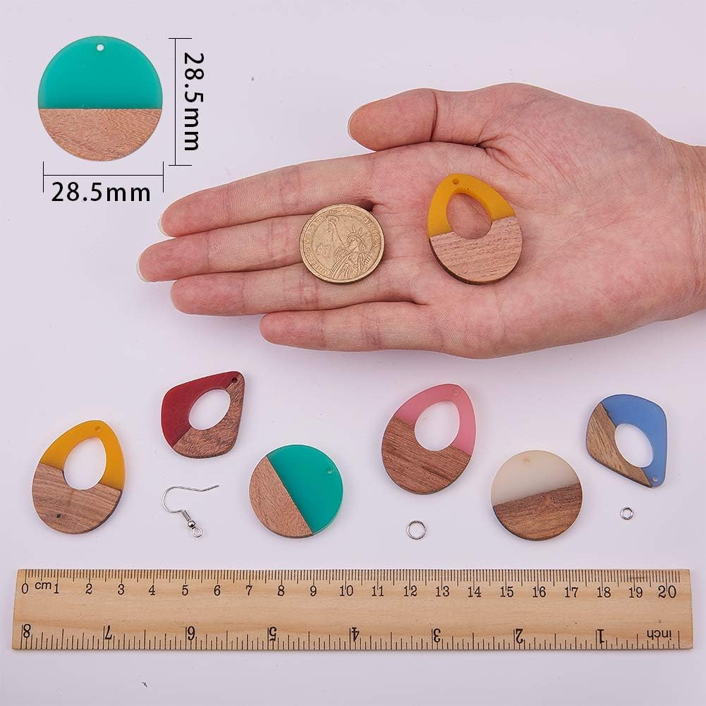 SUNNYCLUE 1 Bag 64Pcs 6 Colors Resin Wood Dangle Drop Earring Making Starter Kit Lightweight Round Drop Resin Wooden Pendant Charms Jewelry Making Supplies for Women Beginners