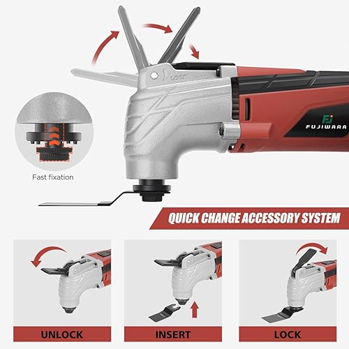 Miniatura 4 de FUJIWARA Kit de herramientas oscilantes, 2.5Amp 6 velocidades variables con cambio rápido de hoja de bloqueo, ángulo de herramienta de sierra