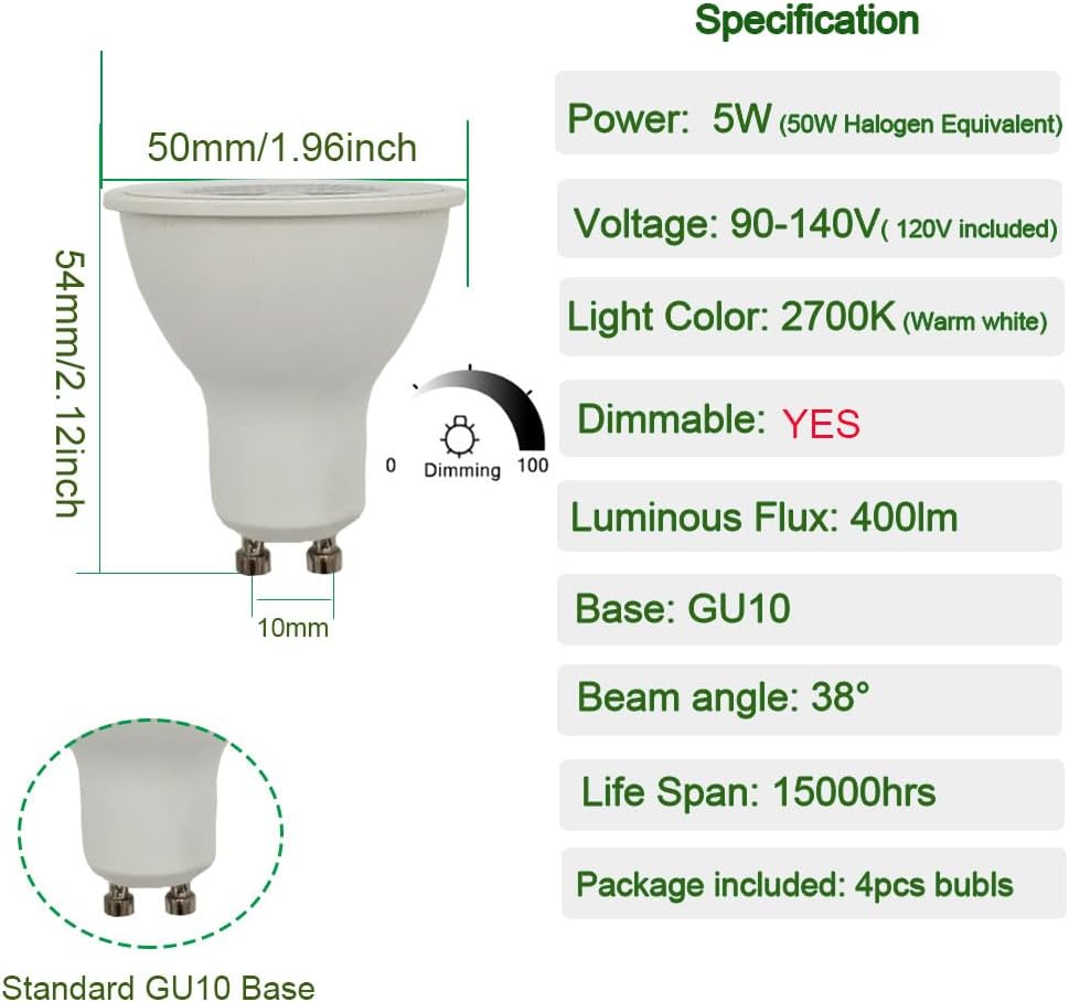 mr16 gu10 led Bulb dimmable 5W 120V Spot Light 2700K Warm White Soft White 40w 50w Halogen Bulb Replacement for gu10 mr16 Tracking Light Fixture (Warm White 2700K, Pack of 4)
