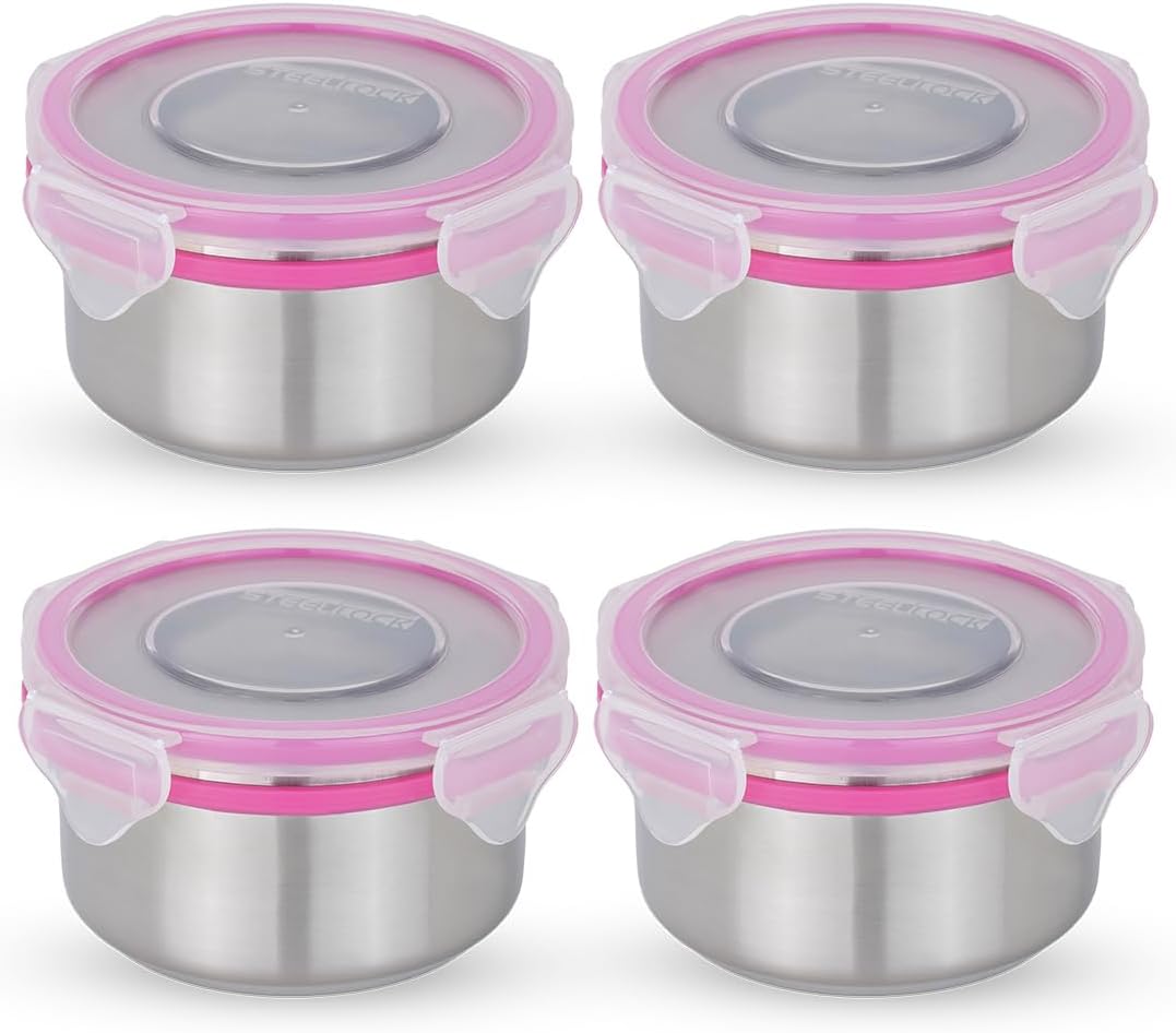STEELLOCK Stainless Steel Airtight Container with Lid | Leakproof, BPA-Free | Multipurpose Food Storage Containers/Tiffin/Dabba for Office, School & Kitchen | SL-1201-set of 4, 280ml each, Pink