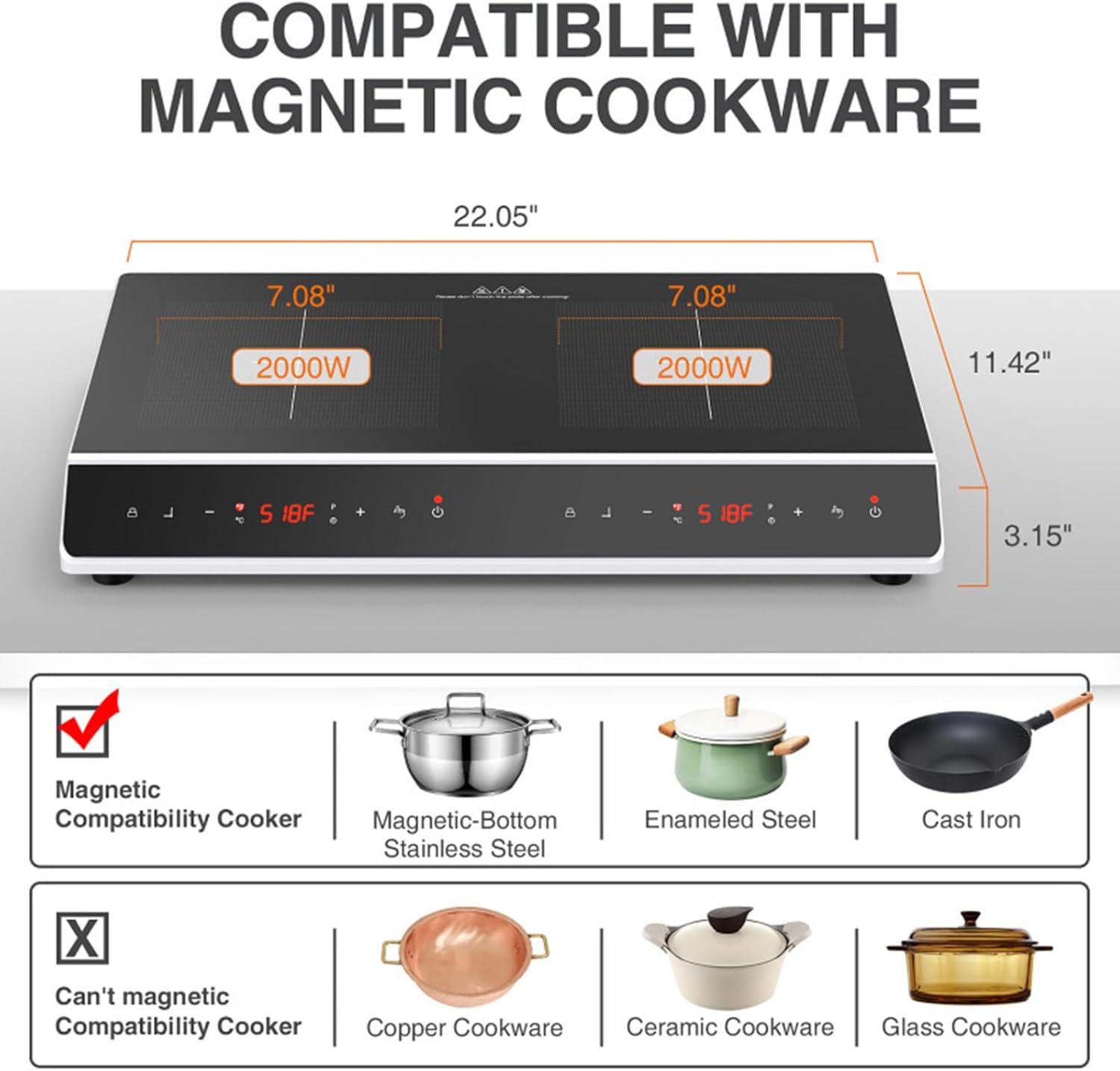 Desktop Double-Head Induction Cooker, 24"" Induction Cooktop with 2 Burners With Led Touch Screen With Child Safety Lock and Timer