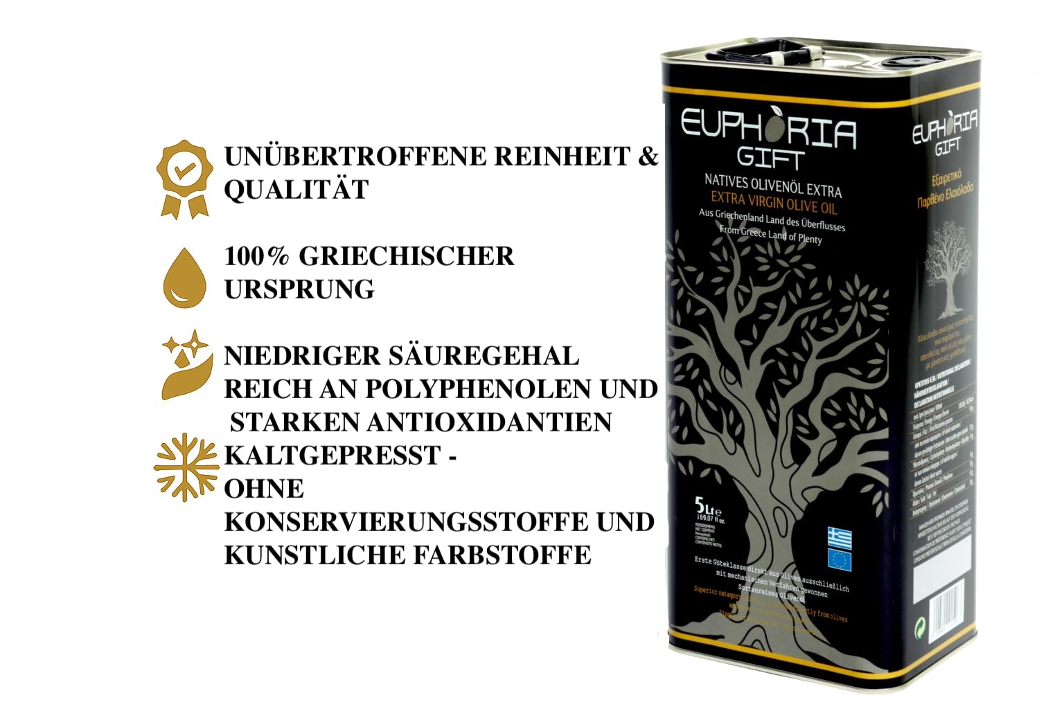 Euphoria Gift - Premium Qualität Olivenöl | Natives Extra aus Griechenland | Kaltgepresst |Neue Ernte 2025-2026|Erste Güteklasse|Handgepflückte Oliven|5 Liter Kanister