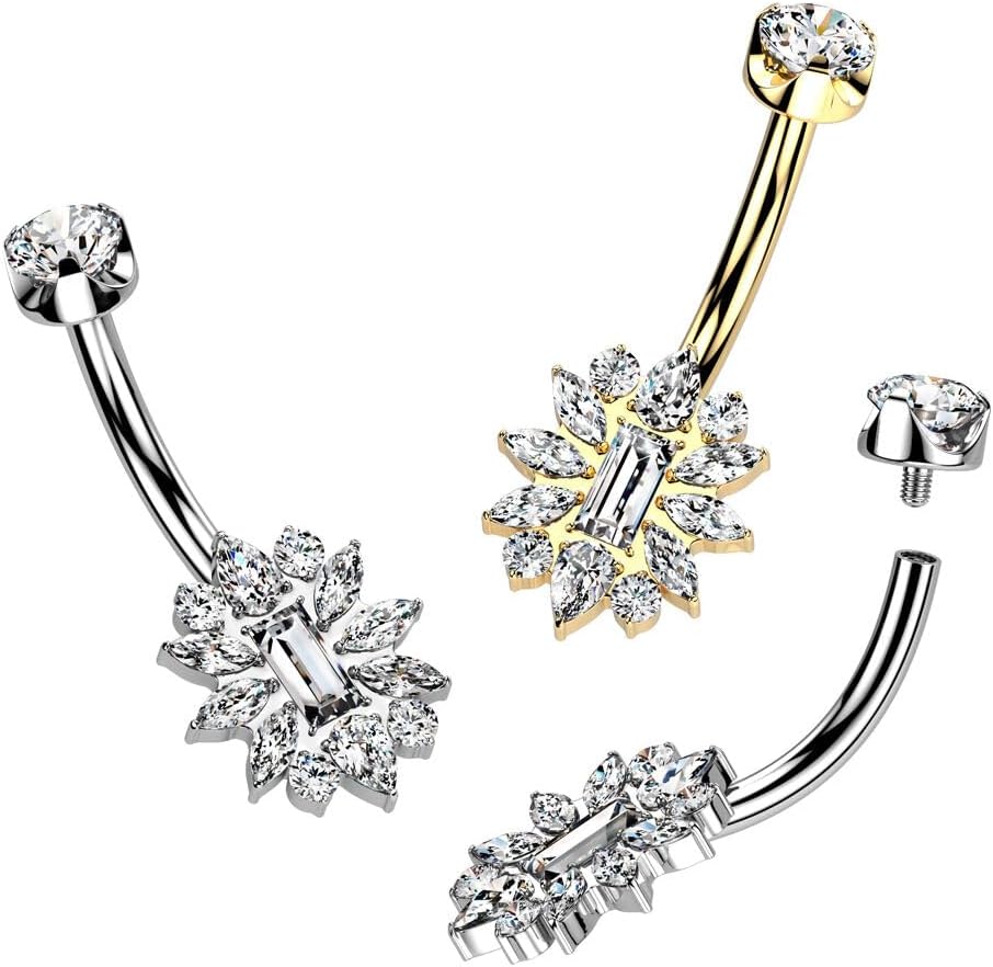 Implant Grade Titanium Internally Threaded CZ Cluster Flower With Round CZ Prong Set Top Belly Button Ring