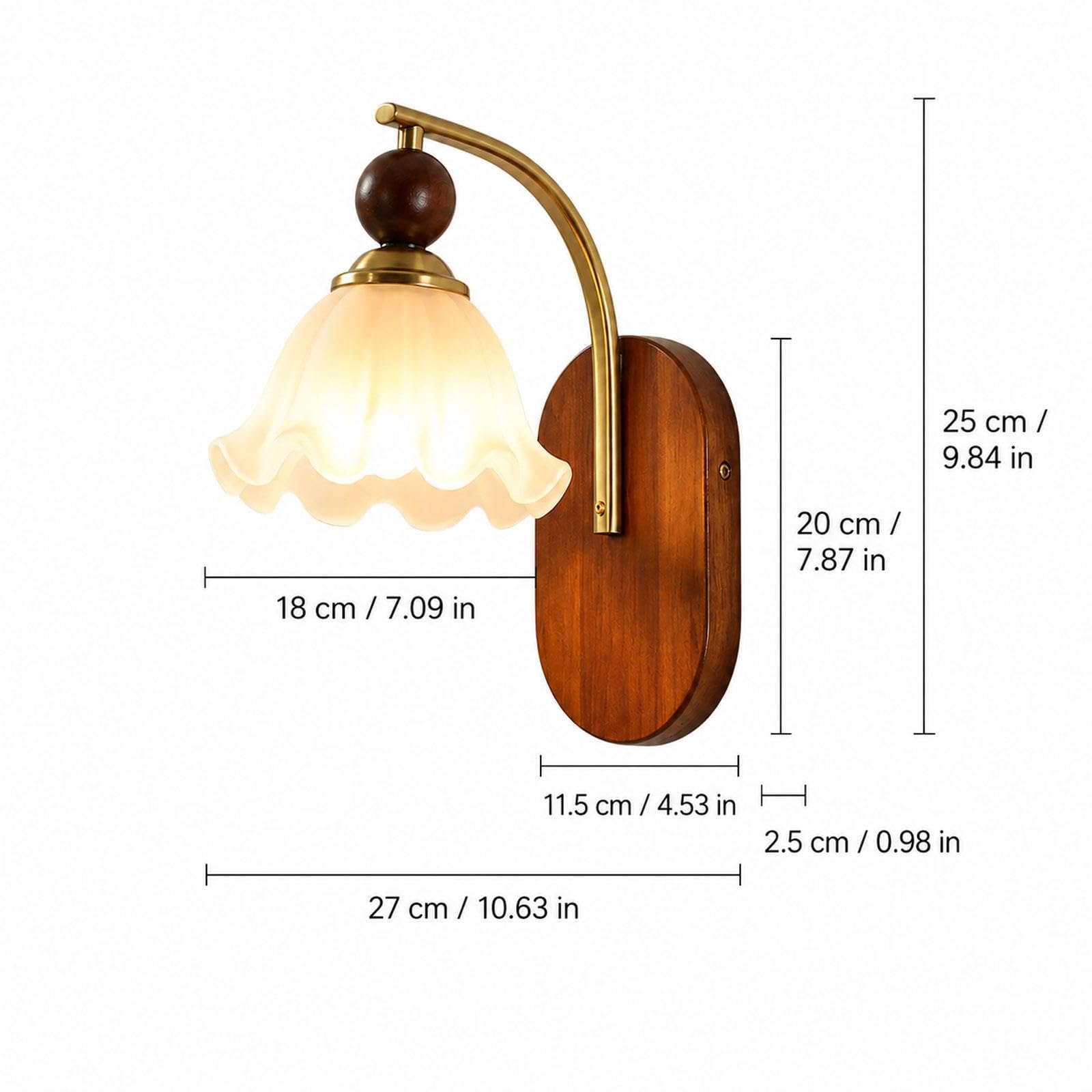 Owalna drewniana płytka lampa ścienna, szklany klosz kwiat, E27