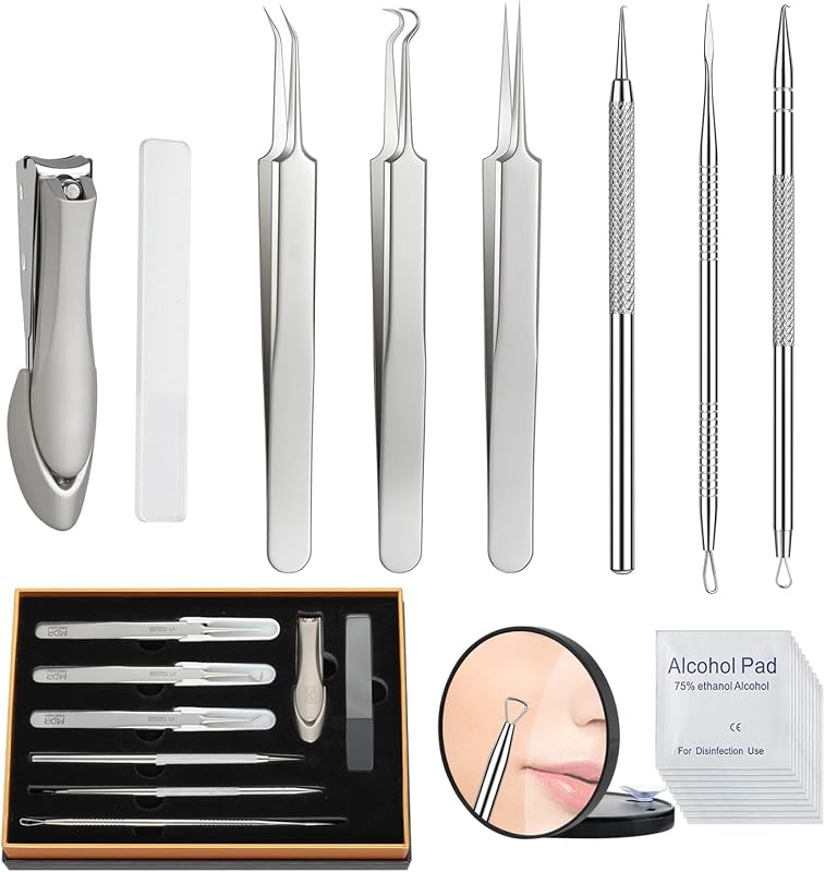 Kit com 8 ferramentas Meidaier para cuidados faciais com espelho de aumento 10x e 20 lenços