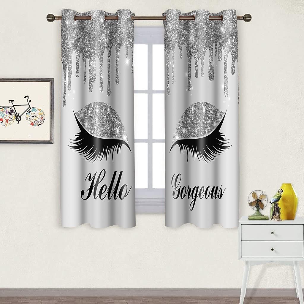 BSPPTI Hello Gorgeous Unicorn Eyelash Print Curtain, (No Glitter No Sequin) Light Grey Drips Room Darkening Thermal Insulated Grommets Drapes for Dining, Bedroom, 42"x 63", 2 Panels, CLLSSP916